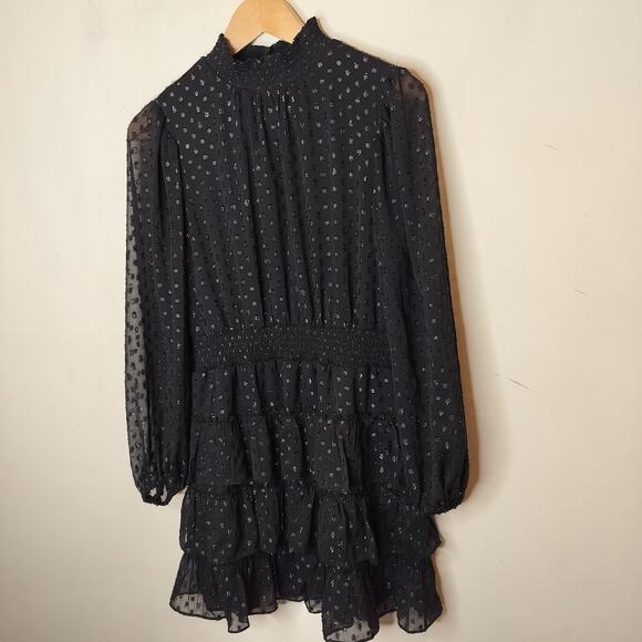 Express Black Chiffon Tiered Mini Dress Long Sheer Sleeve - Picture 5 of 13